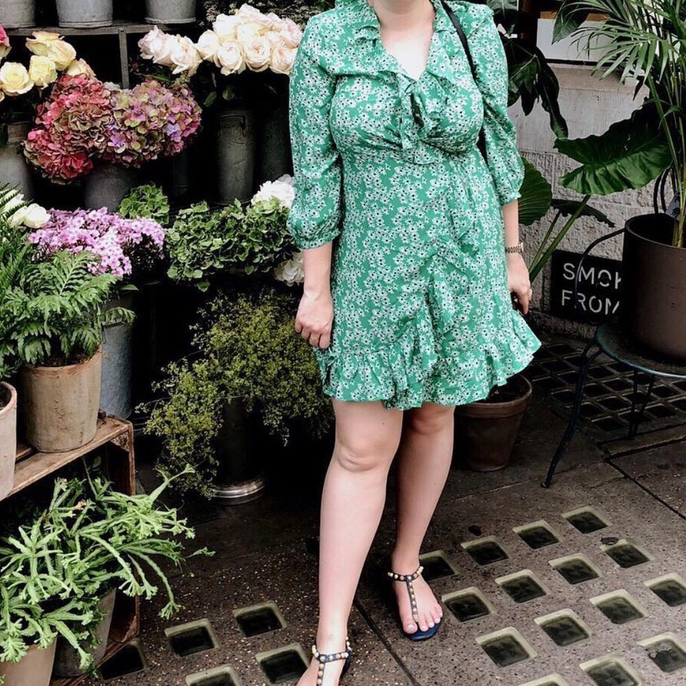 RIXO Teal Floral Ruffle Dress